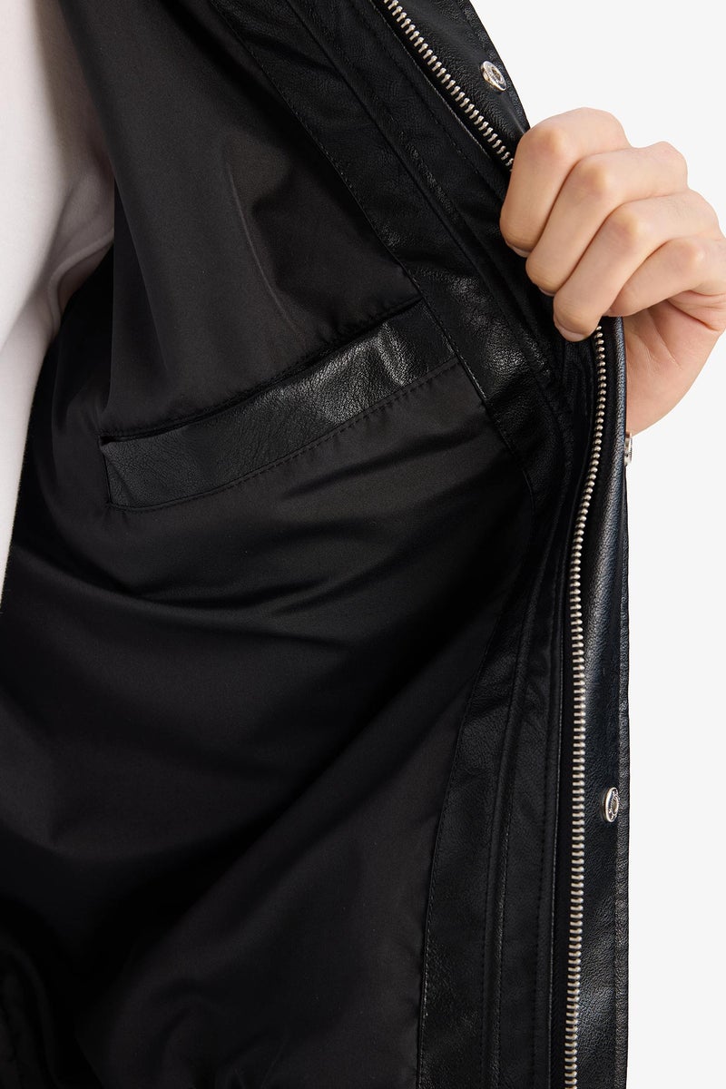 DeFacto Black Man Oversize Fit Shirt Collar Zippered Faux Leather Jacket Casual - Image 5